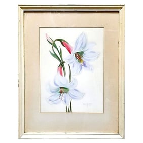 Mid-century Hawaiian Two Lilies Oil Painting on Paper signed E. Wolf, Framed