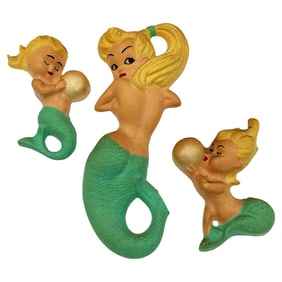 Mid-century Art Pottery Ceramic Wall Sculpture Blond Mermaid w/ Cherubs Set