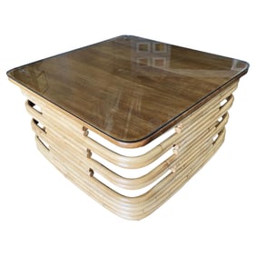 Restored Stacked Slat Rattan Coffee Table W/ Mahogany & Glass Top