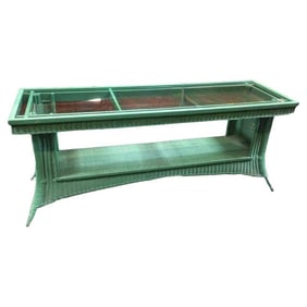 Restored Mid Century Green Woven Wicker TV Stand/Console Table w/ Glass Top