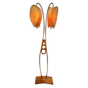 Mid Century Walnut and Brass Floor Lamp with Whipstitch Fiberglass Lamp Shades