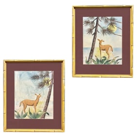 Deer Scenic Watercolor on Paper Signed by Shirrell Graves in Bamboo Frame, Pair