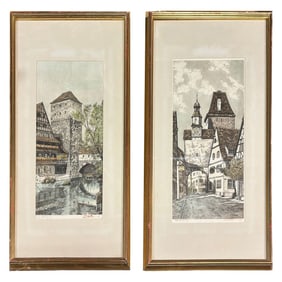 Pair of German Nuremberg Village Aquatint Etchings Framed by Rudolf Veit