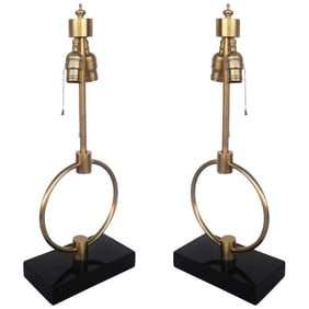 Mid-century Gilbert Rohde Style Brass Ring Table Lamp, Pair