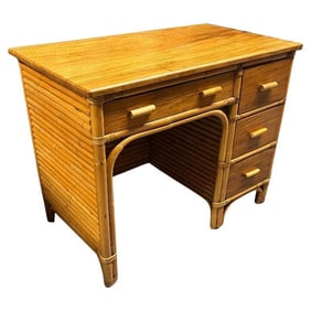 Restored Boutique Rattan & Mahogany Writing Desk w/ Stacked Rattan Sides