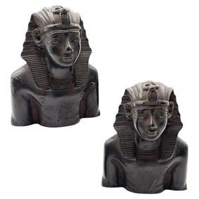 Hand Carved Ebony Wood King Tut Tutankhamen Pharaoh Bust Book Ends Signed 1974