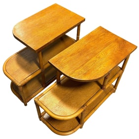 Restored Streamline Rattan & Mahogany 3-Tiered "Trio" End Table, Pair