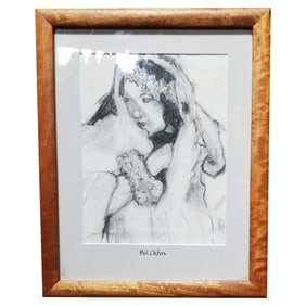 Hawaiian Female Portrait Charcoal on Paper Titled "Poliʻahu" in Koa Wood Frame