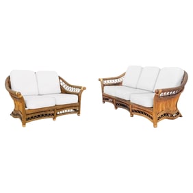 Art Deco "President" Stick Reed Rattan Fan Back Settee and Sofa Set