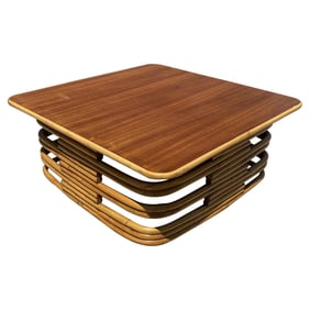Restored Stacked Slat Rattan Cocktail Table with Cutouts and Mahogany Top