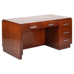 1930s Restored French Art Deco Mahogany and Chrome Executive Desk w/ Bookshelves