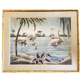 Mid Century Tropical Flamingos Airbrush Turner Print in Carved Wood Bamboo Frame