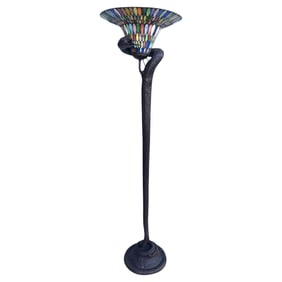 Edgar Brandt Style Bronze Snake Floor Lamp W/ Stained Glass Shade, 2 Available