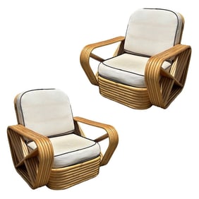 Restored Frankl Style Rattan Six Strand Square Pretzel Lounge Chair, Pair