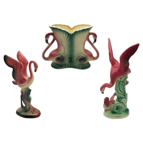 Mid-century Ceramic Flamingo Figurine & Vase Set by Maddux & Leftons