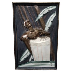 Mid Century Cooper Embossed Bongo Player Wood Framed by C.I.E. Pearson