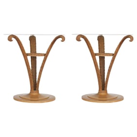 Art Deco Sculpted Wood Plume Round Pedestal Side Table by Grosfeld House, Pair