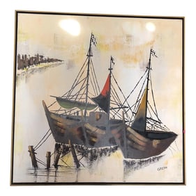1970s Vintage Oil on Canvas Boat Painting