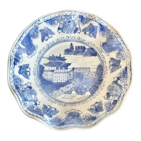 Vintage Hand-Painted Blue and White Chinoiserie Ruffle Bowl With Island Pagoda Scene.