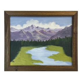 Mid Century Impressionist Mountain Landscape Original Oil Painting, Artist Initialed S K.