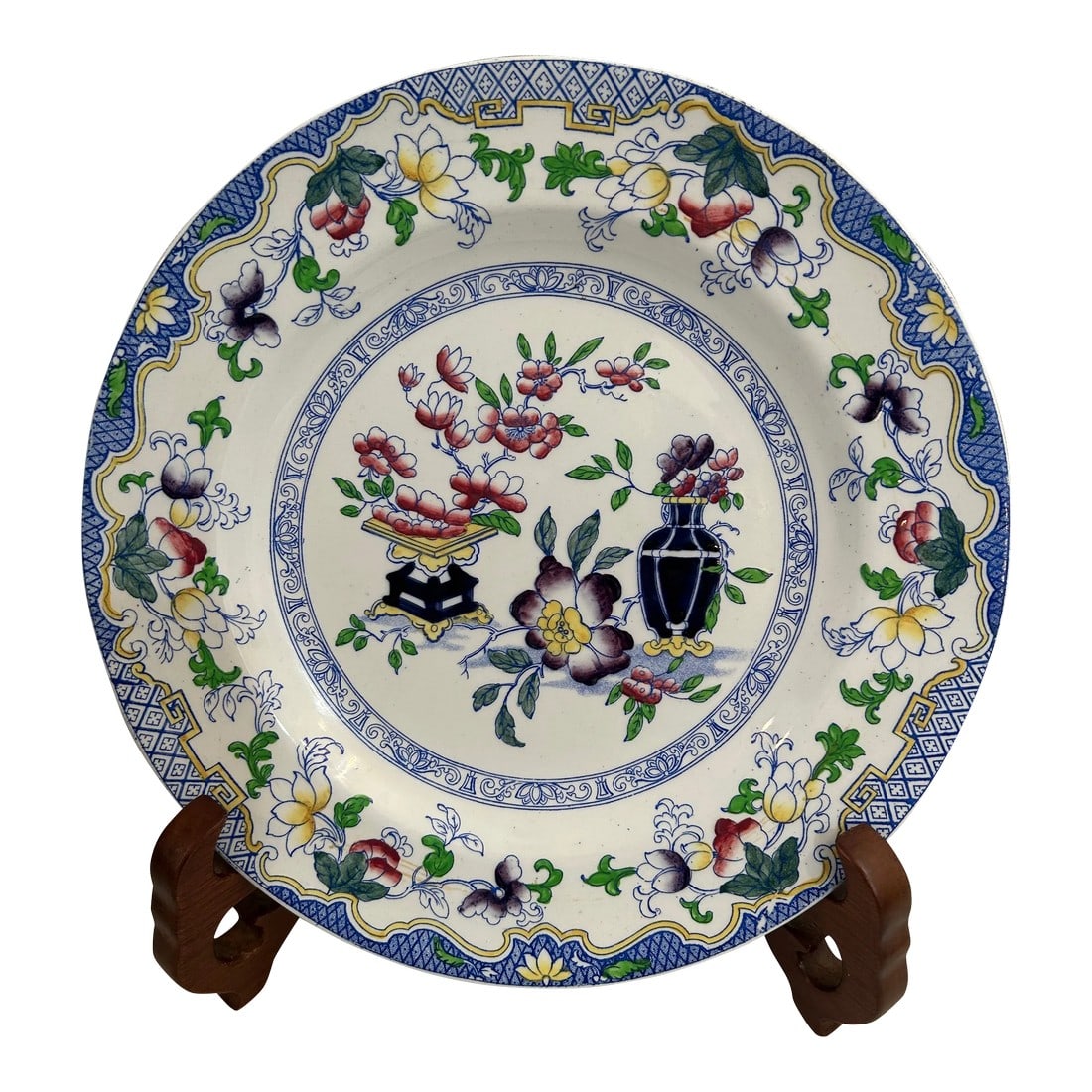 Early 20th Century Minton â€œPoonahâ€ Dinner Plate With Chinoiserie: The plate is stamped with the Minton globe back stamp which indicates production between 1912 and 1950. The pattern is "Poonah" and features a chinoiserie design of florals, Greek key and geometrics.