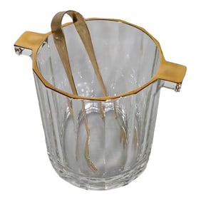 Hollywood Regency Faceted Glass Ice Bucket With Gold Trim Made in Italy C 1970's