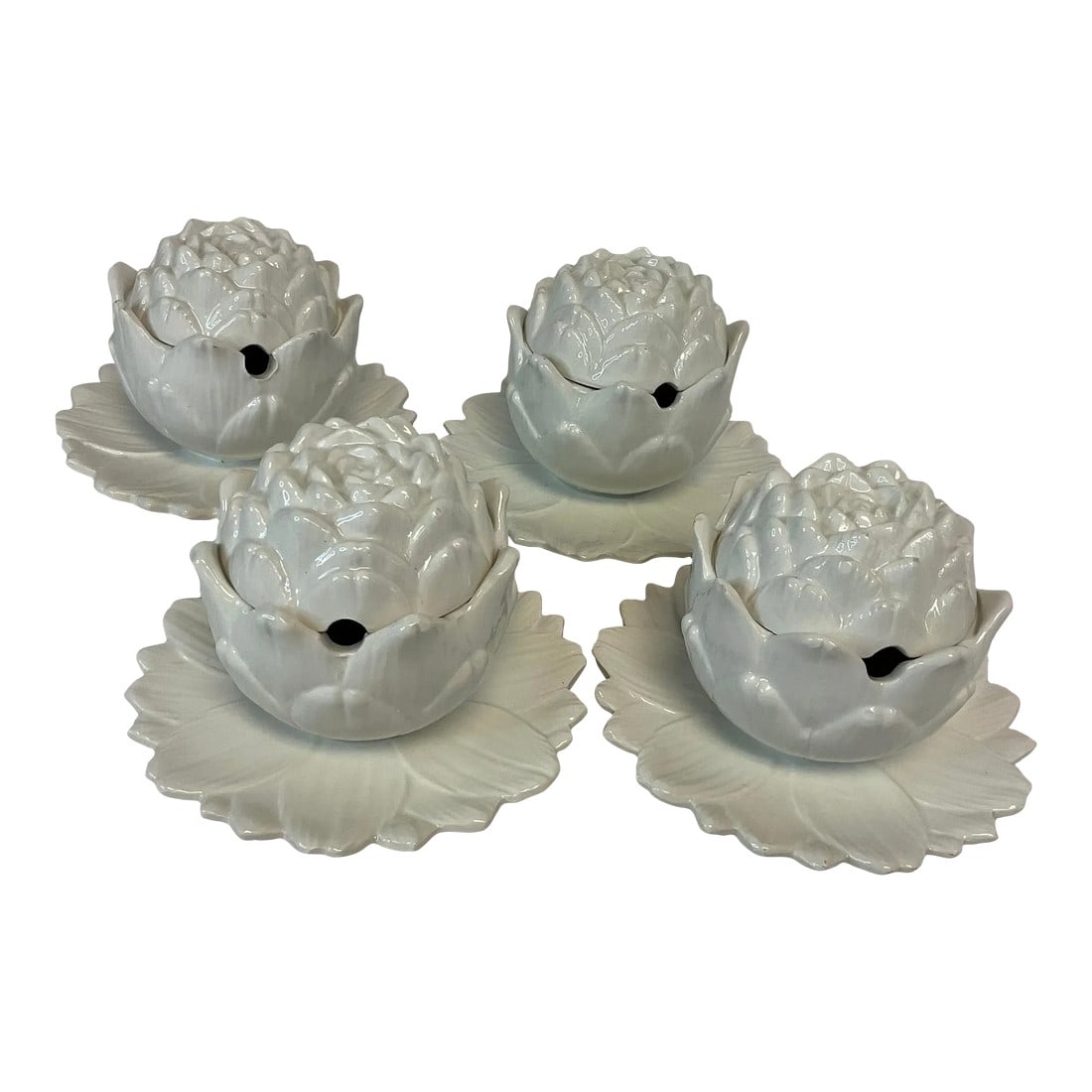 Mid-Century Italian Hollywood Regency Majolica Trompe Lâ€™Oeil Artichoke Bowls With: Vintage Home is pleased to present this Set of 4 Mid-Century Italian Majolica Lidded Artichoke Soup Bowls. These are simply a delight to own and use. The design is a Trompe l"Oeil Artichoke with an at