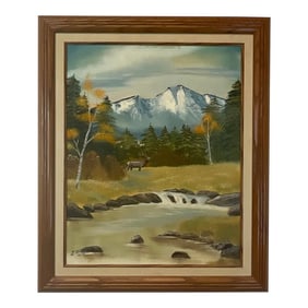 Mid-Century Rustic Americana Elk Wildlife & Scenic Mountain Steam Oil Painting, Signed J. Dirks.