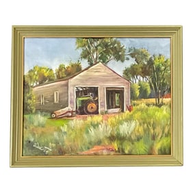 1960s Impressionist Original Oil Painting of Rustic Barn, Artist Signed, Framed.