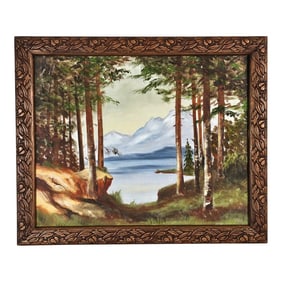 Framed Mountain Lake Landscape Oil in Canvas Painting