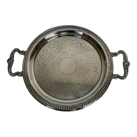 Vintage English Hollywood Regency Silverplate Round Butler Serving Tray