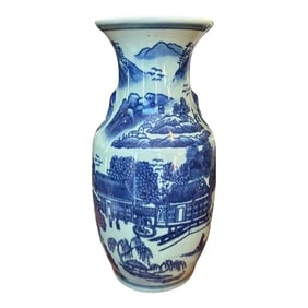 Mid 20th Century Blue and White Chinoiserie Vase With Celadon Background