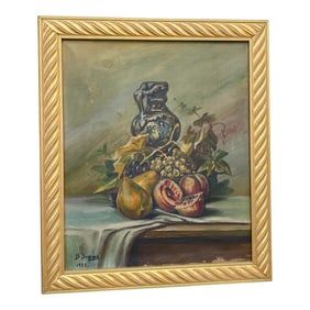 1927 Dutch Oil on Canvas Still Life Study “Fruit With Urnâ€