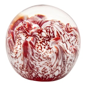 Vintage Crystal Art Glass Paperweight in Red and White Swirl Hungary 1960s
