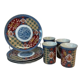 1950s Vintage Chinoiserie Japanese Imari Luncheon Plates and Mugs - Set of 8.