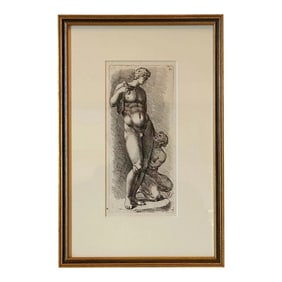 Gold Framed Copper Etching Print “Dionysus With a Crouching Satyr by Dutch Artist