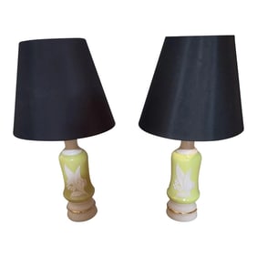 1930’s Aladdin Lily of the Valley Alacite Glass Lamps With Black Shades - a Pair