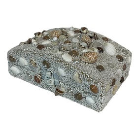 1970s Mid-Century Coastal Boho Chic Seashell Jewelry Box, Velvet Lined