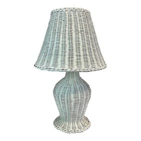 Mid-Century Coastal Boho Chic White Wicker Table Lamp and Shade.