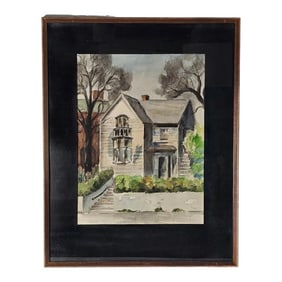 Watercolor Wood Framed Farm House Painting Signed 24"