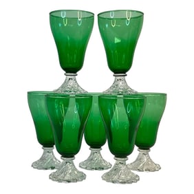 Antique Art Deco Depression Green Glass Toasting Goblets/Parfait Cups - Set of 7