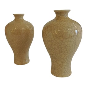 Tan Asian Crackle Finish Plum Shape Vases - Set of 2