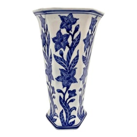 1996 Chinoiserie Blue and White Tiger Lily Hexagon Vase "China Blue" Fine Porcelain for Seymour Mann