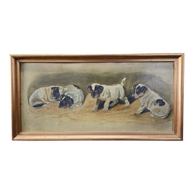 1950s Vintage Painting of Four Terrier Puppies, Framed