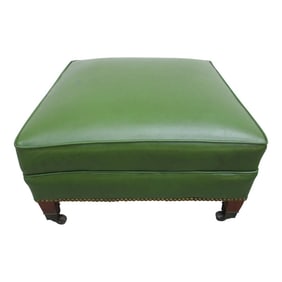 50s Square Olive Green Vinyl Footstool Brass Tacks and Casters
