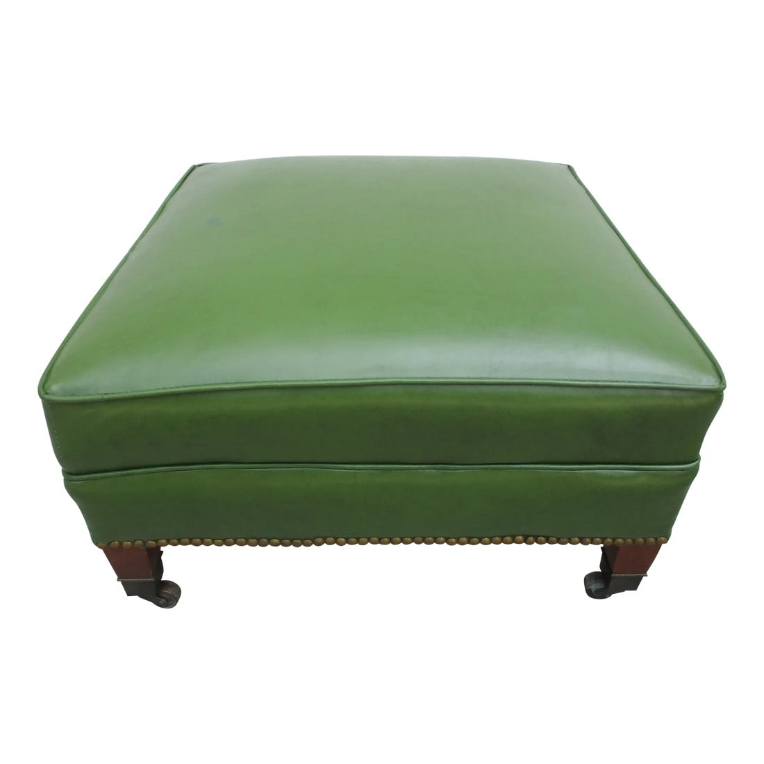 50s Square Olive Green Vinyl Footstool Brass Tacks and Casters (1 of 11)