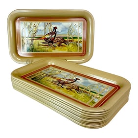 1950s Rustic Americana Metal Pheasant Trays - Set of 11, Halloween & Thanksgiving.