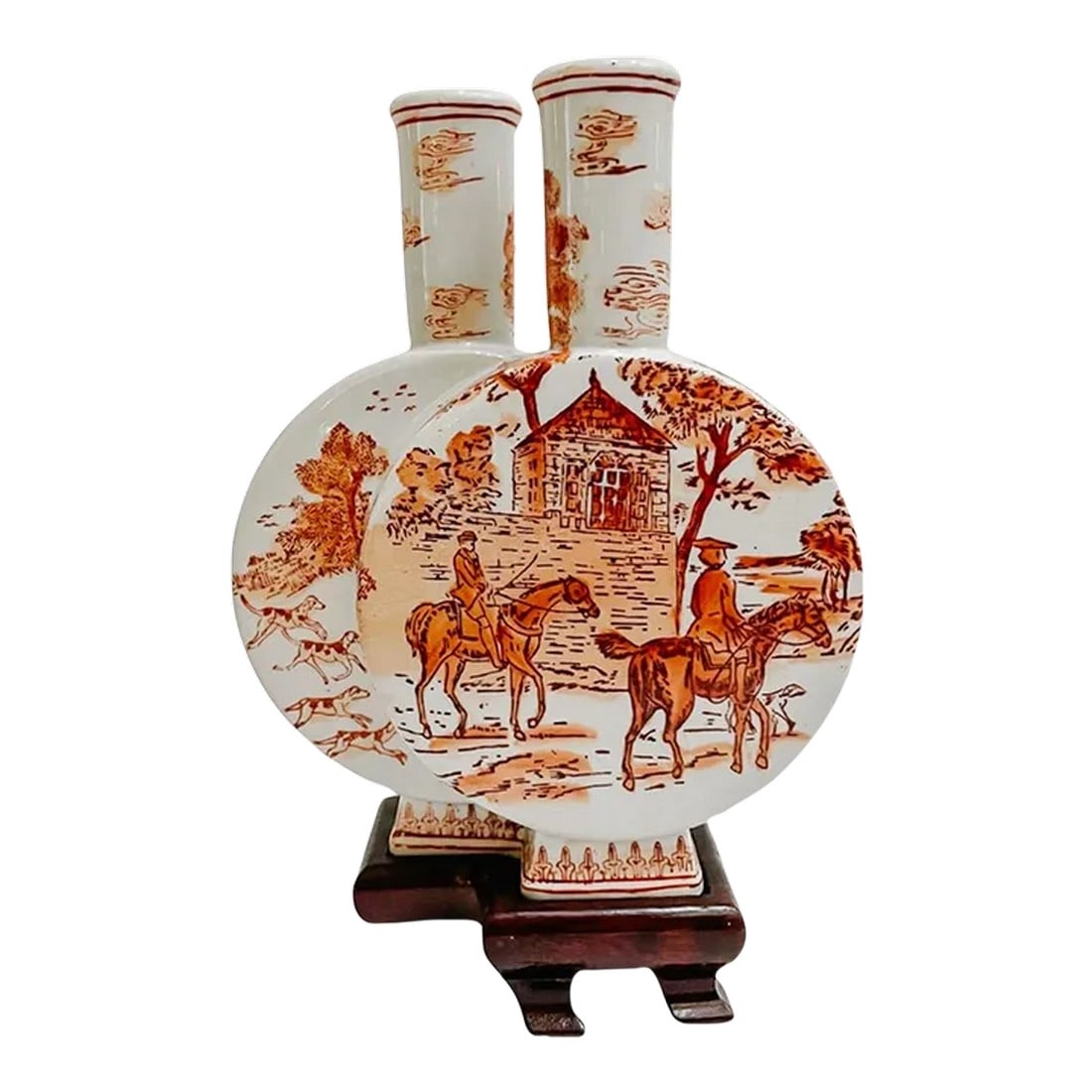 Early 20th Century Petite Chinese Double Moon Flask Vase With Stand: A very unique chinoiserie porcelain double moon flask vase with stand. She is petite and can fit pretty much anywhere, from the built-in shelves to the foyer console table and on top of a stack of des