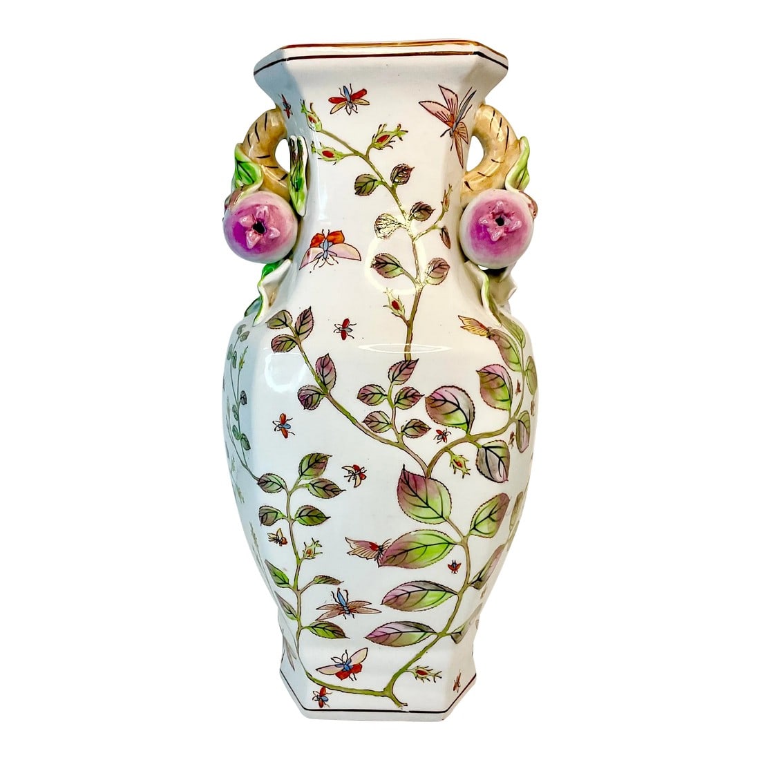 Vintage Chinoiserie Insects, Roses and Pomegranates Vase After Chelsea House (1 of 12)