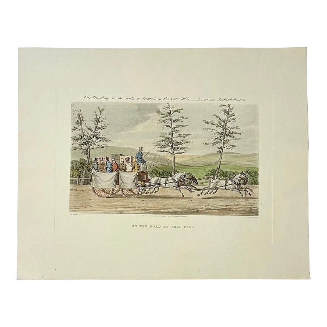 On the Road at Full Pace, Original Print, 1856, Unframed: Car traveling in the south of Ireland, 1856 Bianconi"s Establishment. Aquatint on paper. Published by A. Hayes & drawn by J. Harris, Ackerman & Co., Strand Street, London. Dimensions: 19 x 14.5" Condi